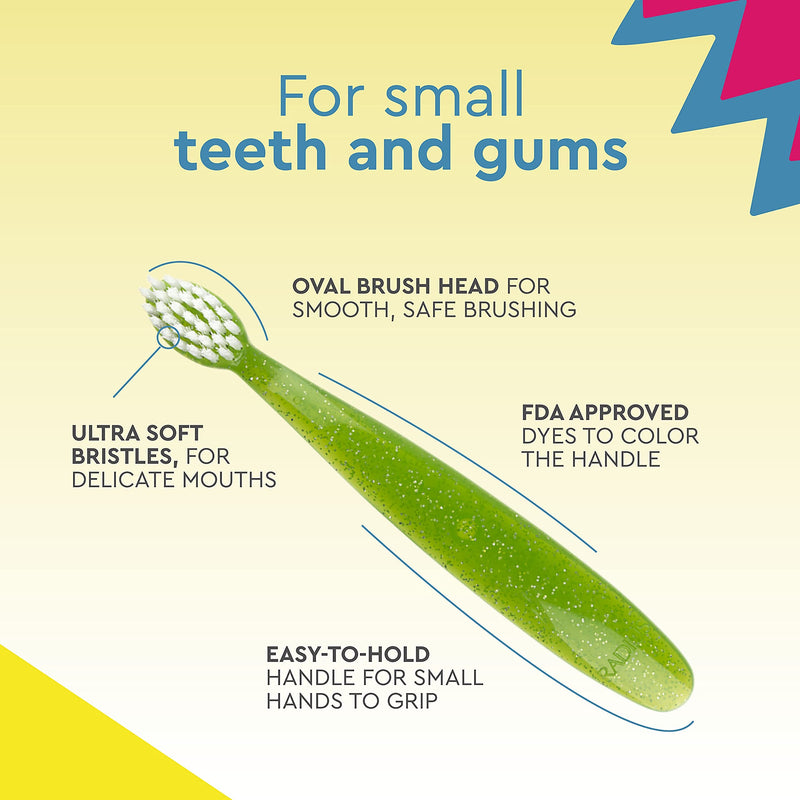 RADIUS Children's Toothbrush, Totz Brush, Extra Soft Bristles, Blue/Green/Yellow, BPA Free & ADA Accepted, Designed for Delicate Teeth & Gums for Children 18 Months & Up, Pack of 3 3 Count (Pack of 1)