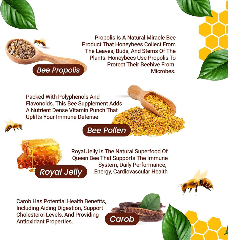 Bee Pollen Propolis Royal Jelly Extract with Carob, Pure Immune Support Supplement, Gluten-Free, Vegetarian Capsules, 1000 mg