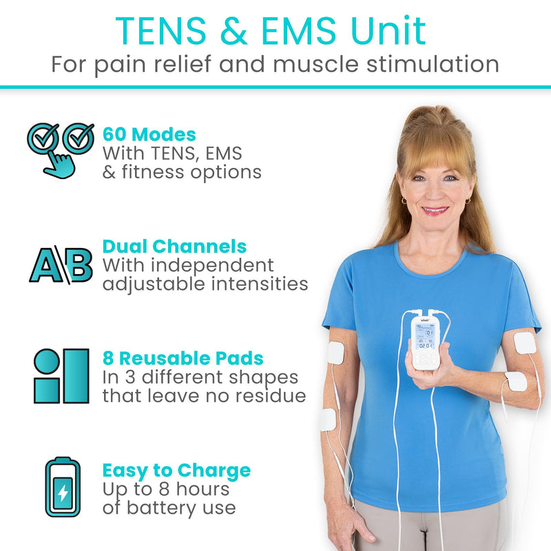Vive Stim Machine for Muscle Recovery - 24 Mode Tens Unit Stimulator for Pain Relief Therapy - 24 EMS & 12 Fitness Models with Electrodes for Period Cramps, Physical Therapy - Stimulation Device