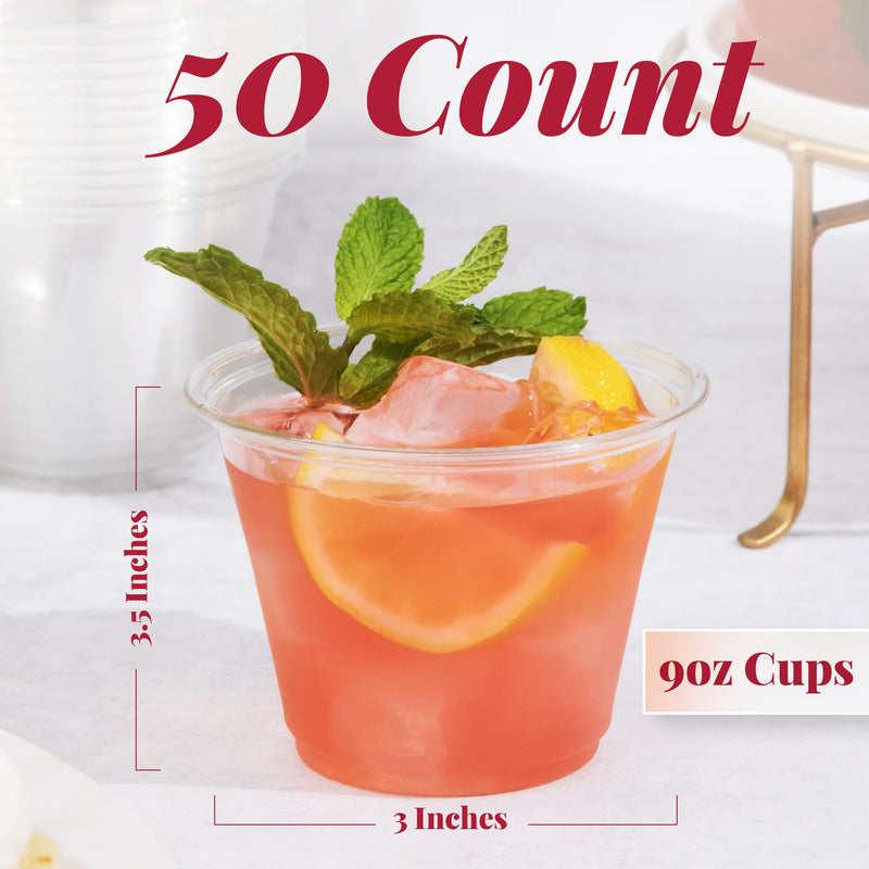 [Australia] - Prestee Clear Plastic Party Cups Disposable - PET Clear Water Plastic Cup Disposable - Plastic Wine Cups - Clear Disposable Cups - Small Cups - Plastic Drinking Cups (50ct 9oz) 50 Count (Pack of 1) 