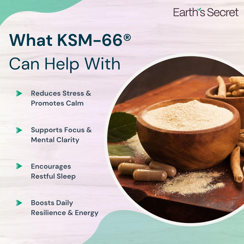 Earth's Secret KSM-66® Ashwagandha Capsules 300mg - Full-Spectrum Root Extract - Supports Calm, Emotional Balance, Mental Focus, Restful Sleep - Made in UK - 2 Month Supply - 60 Vegan Capsules