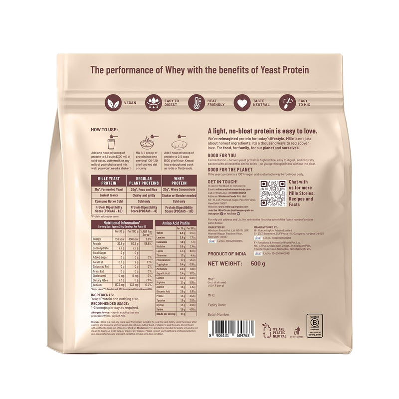 Mille Vegan Protein Powder | 31g Protein | Unflavoured | Made with Fermented Yeast Powder | Heat Stable | No Bloat, Mixes Easily, No Taste | Has All 9 Essential Amino Acids (500g) 500g