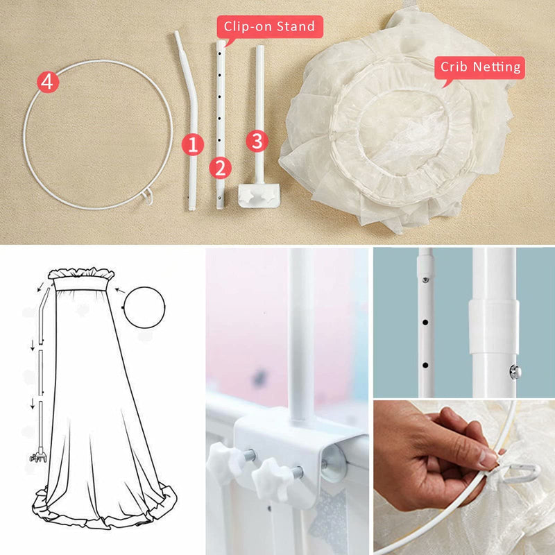 [Australia] - Baby Bed Canopy with Adjustable Clip-on Stand Baby Crib Cot Net Tent Hanging Dome Curtain Netting See Through Mesh Bed Cover Net Stand Rod 2 Piece Set 