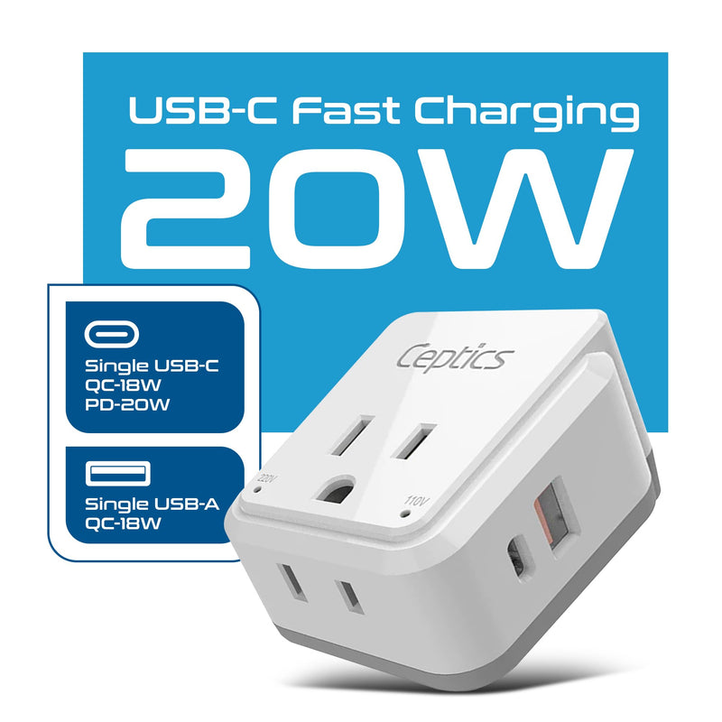 Ceptics International Power Plug Adapter Travel Set, 20W PD & QC, Safe Dual USB & USB-C 3.1A - 2 USA Outlet - Compact - Use Europe, Asia, Africa In Worldwide - Includes 13 Type SWadAPt Attachments Cherry White