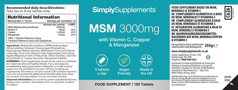 MSM 3,000mg | with Added Vitamin C | Supports Healthy Joints, Skin, and Immune Function | Vegan & Vegetarian Friendly | Made in The UK Unflavoured 1 count (Pack of 180)