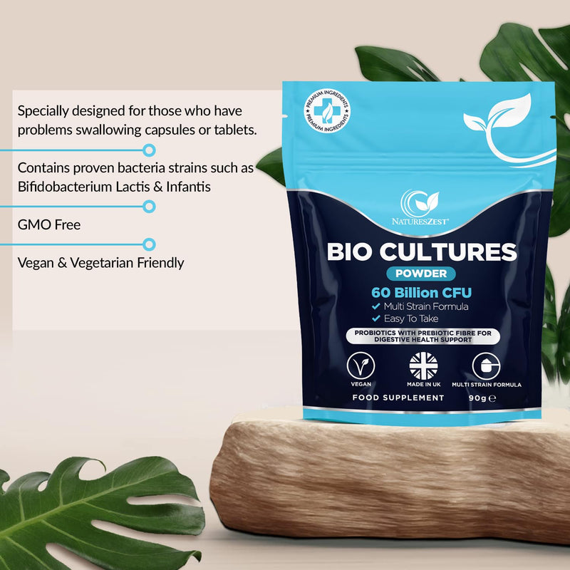 BIO Cultures Complex Probiotics - Fibre Powder - Pre and Probiotics for Gut Health | 9 Strain- 60 Billion CFU Fibre Supplement for Men & Women | Gut Health Supplements Vegan,Gluten Free | 90 Servings