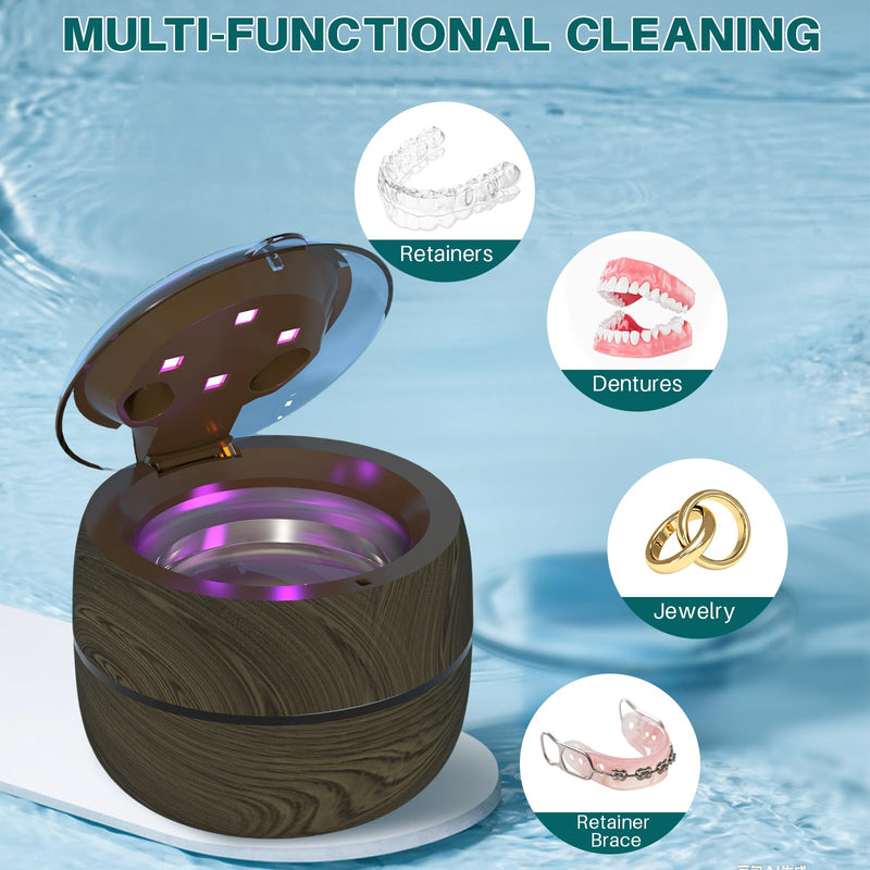 [Australia] - Voraiya Dental Ultrasonic Retainer Cleaner Machine, 45kHz Denture Cleaning Pod with 4 Modes Digital Timer for Aligner, Mouth Night Guard, Braces, Toothbrush, Jewelry, Ring Brown 