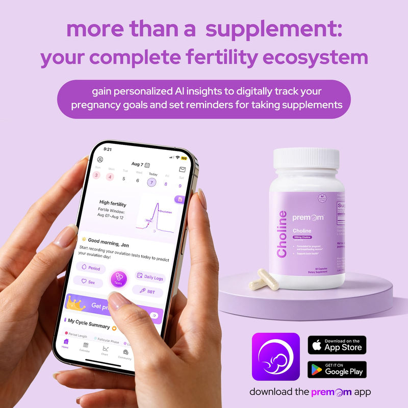 Premom Prenatal Choline Supplements, 550mg Choline Bitartrate, Supports Baby Brain Health & Cognitive Development + Pregnancy & Postpartum Breastfeeding for Women*, 60 Veggie Capsules