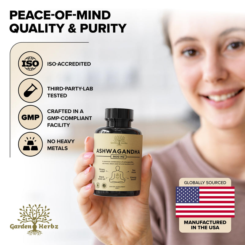 [Australia] - Organic Ashwagandha Root & Irish Sea Moss – 3,600 mg Ashwagandha Supplement with Black Seed Oil, & Burdock Root – Herbal Supplement for Energy, Worry, & Wellness, 60 Caps 60 Count (Pack of 1) 