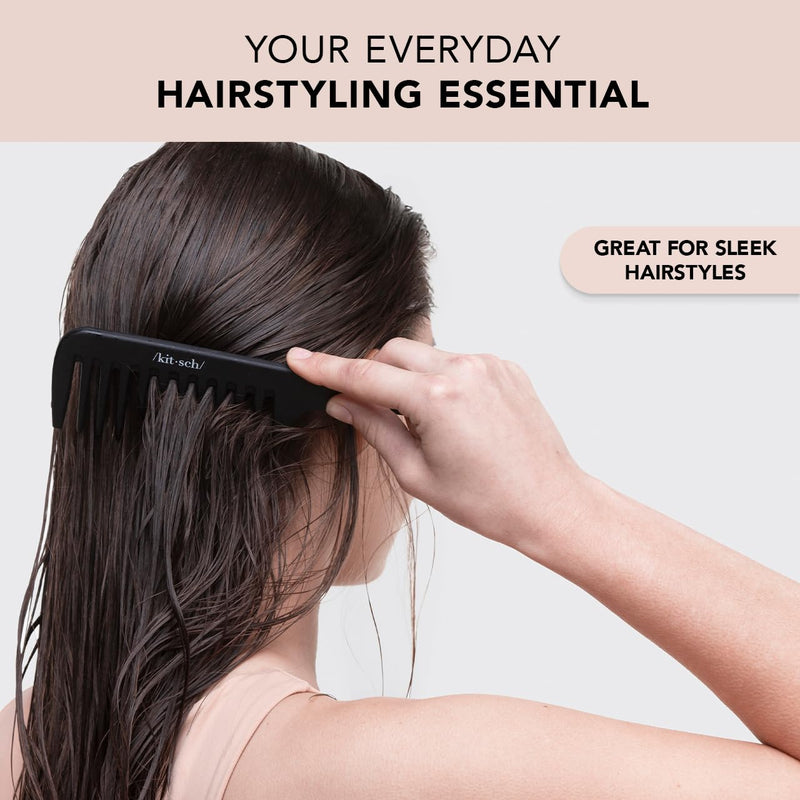 Kitsch Wide Tooth Detangler Comb - Curved Handle for Curly, Wet & Thick Hair, Black Shower Comb for Women Wide Tooth Comb