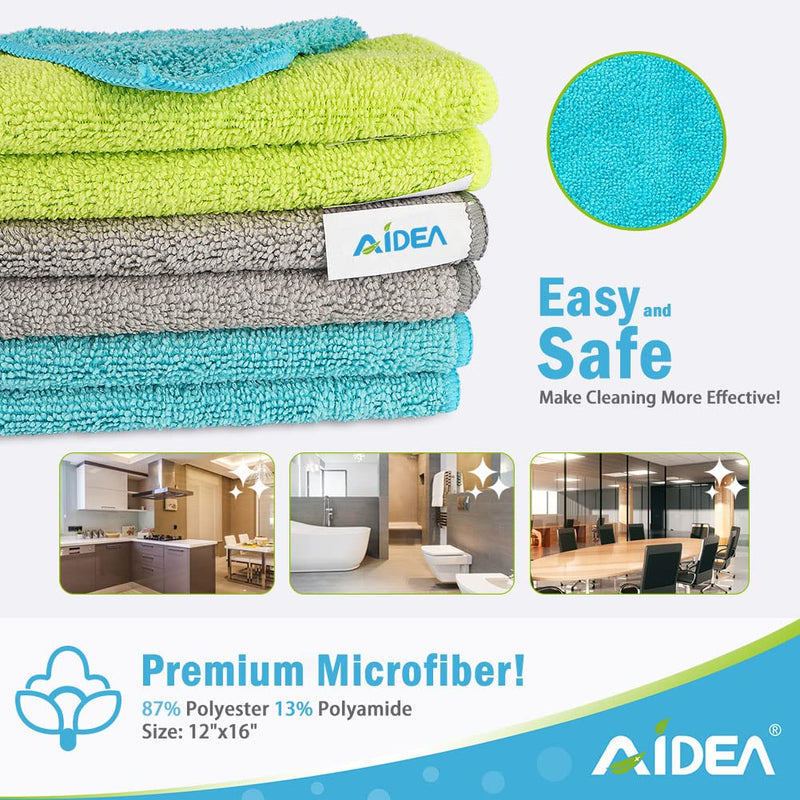 [Australia] - AIDEA Microfiber Cleaning Cloths-8PK, Soft Absorbent Microfiber Cloth, Lint-Free Streak-Free Cleaning Towels for Cars, House, Kitchen, Window(12in.x16in.)—8PK Blue/Green/Grey 8PK 