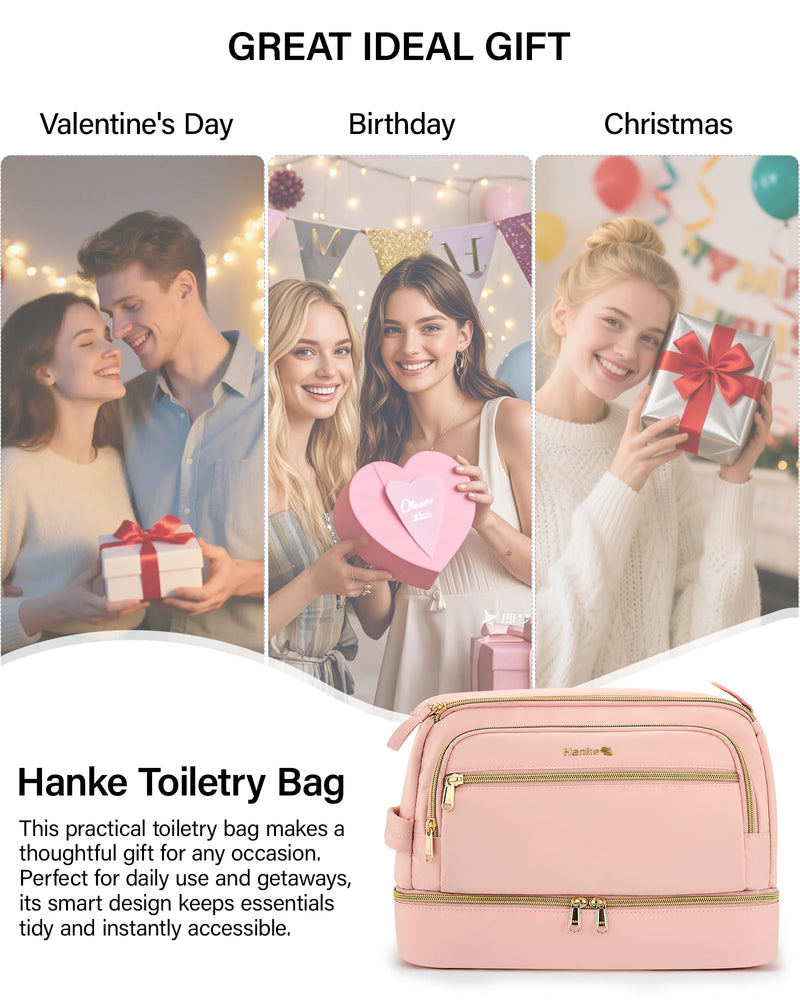 Hanke Travel Toiletry Bag, Lightweight Wide-open Makeup Bag, Dual-Layer Travel Bag for Toiletries Water-Resistant Cosmetic Bags Large Toiletry Bags for Women & Men, Travel Essentials, Pink