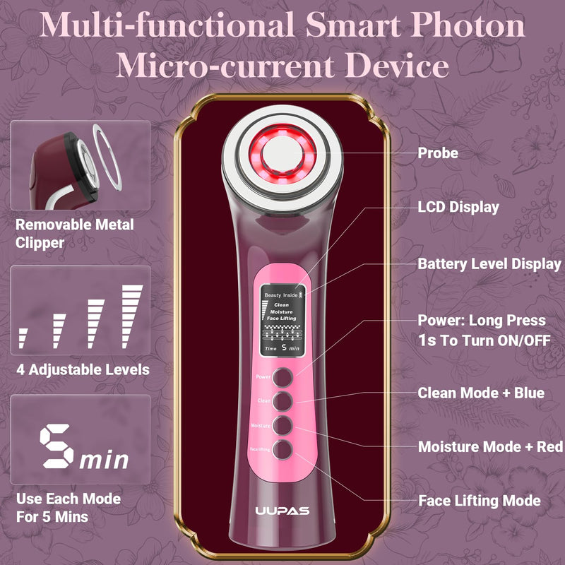 [Australia] - UUPAS Smart Photon Micro-Current LED Red Blue Light Therapy Wand for Face - Microcurrent Facial Device 