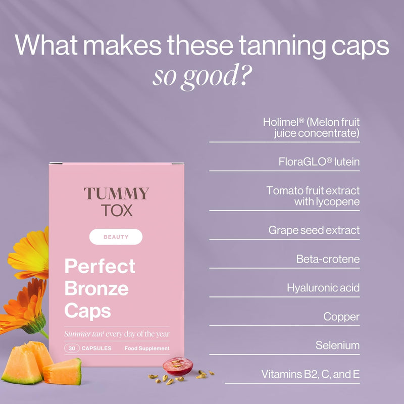 Self Tanning Capsules - Beta Carotene, Hyaluronic Acid, Lycopene, Copper, Selenium, and Vitamins - Perfect Bronze Caps, 30-Day Supply by Tummy Tox