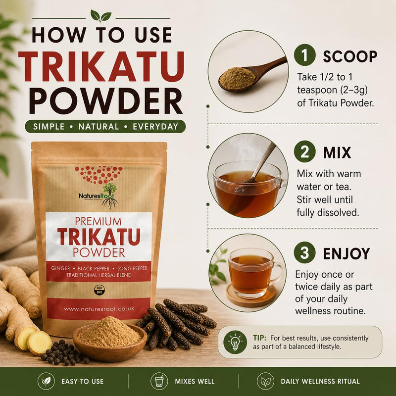 Nature’s Root Organic Trikatu Powder 500g – Traditional Ayurvedic Herbal Blend – Ginger, Black Pepper & Long Pepper – Fine Powder for Daily Wellness Routines