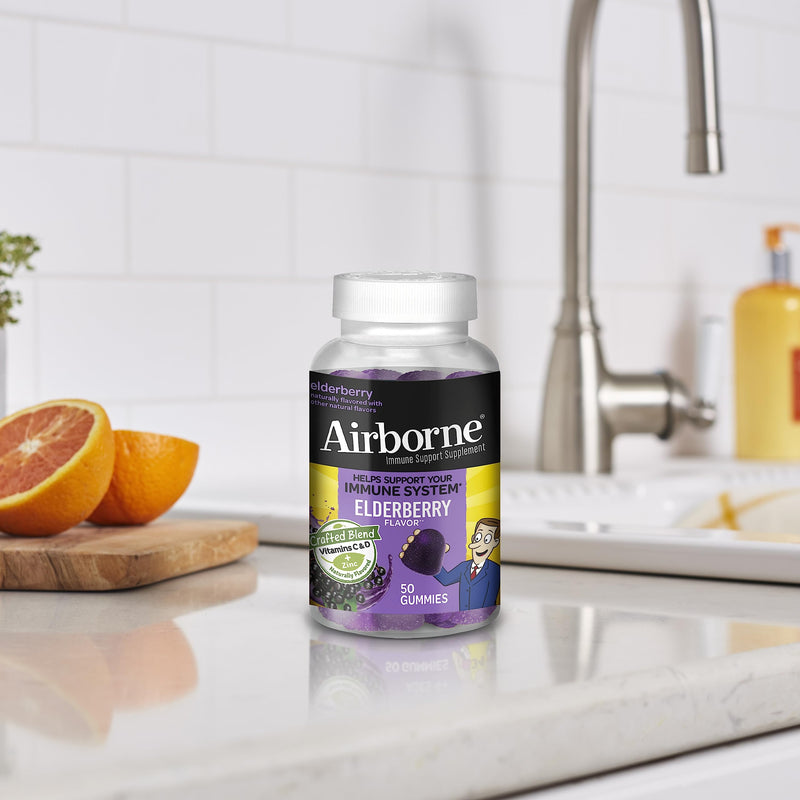 [Australia] - Airborne Elderberry + Zinc & Vitamin C Gummies For Adults, Immune Support Vitamin D & Zinc Gummies With Powerful Antioxidant Vitamins C D & E - 50 Gummies, Elderberry Flavor 50 Count (Pack of 1) Gummy 