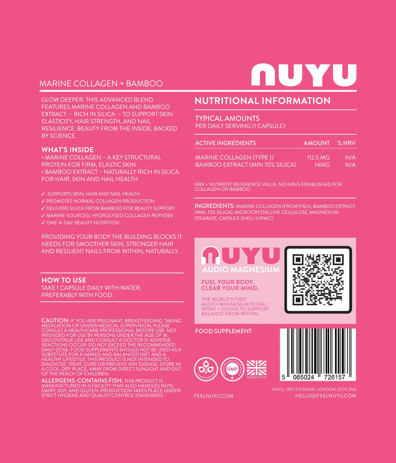 NUYU Marine Collagen + Bamboo Extract Capsules. One-a-Day, 2 Month Supply - Advanced Beauty Support for Skin, Hair, Nails & Joints. Made in The UK.