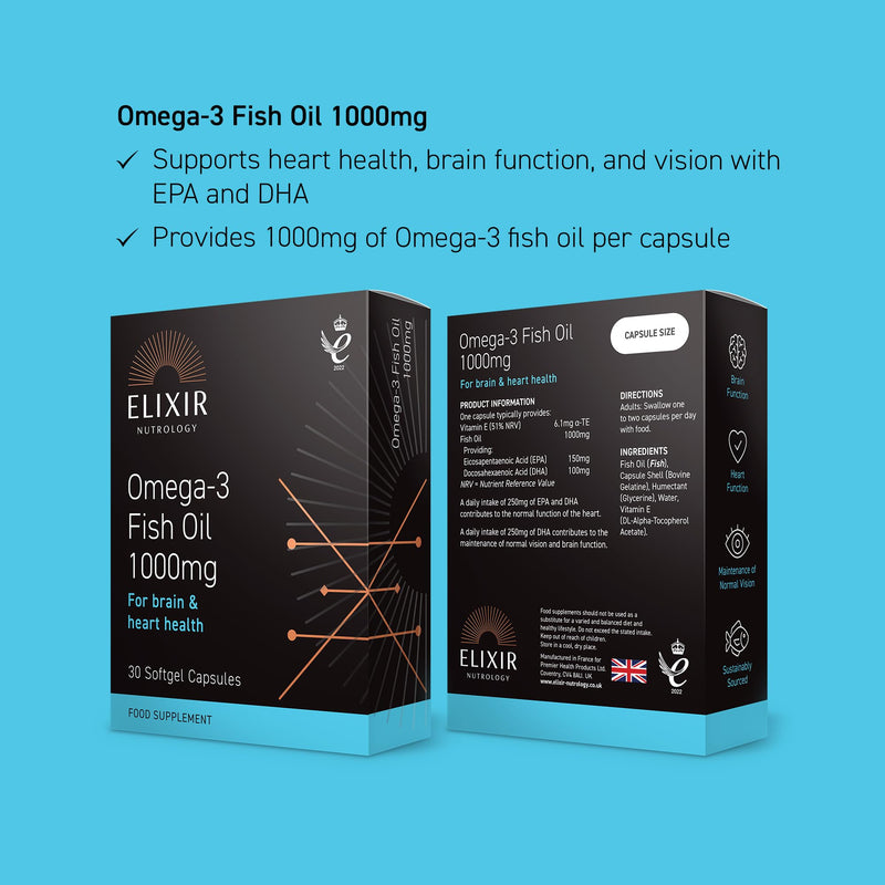 Omega 3 Fish Oil 1000mg Softgel Capsules | Supports Normal Heart & Brain Function | Rich in EPA & DHA with Added Vitamin E | Daily Essential Fatty Acid Support | 30 Softgel Capsules | UK Made