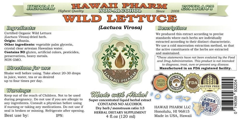[Australia] - Hawaii Pharm Wild Lettuce Alcohol-FREE Liquid Extract, Organic Wild Lettuce (Lactuca Virosa) Dried Herb Glycerite Natural Herbal Supplement, USA 2 fl.oz 2 Fl Oz (Pack of 1) 