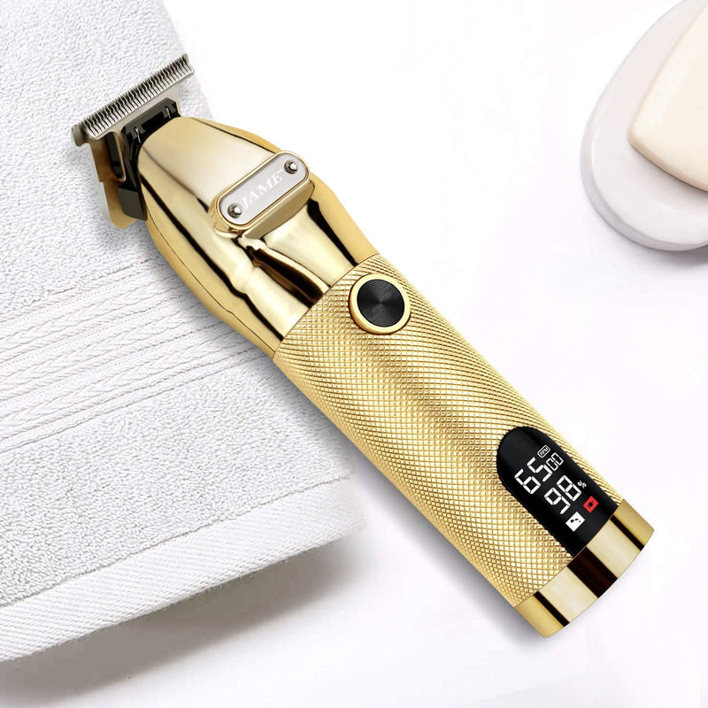 Professional Hair Trimmer Cordless Outlining Trimmer T Liners Clippers for Men Rechargeable LED Display Zero Gapped Trimmers for Barbers（Gold
