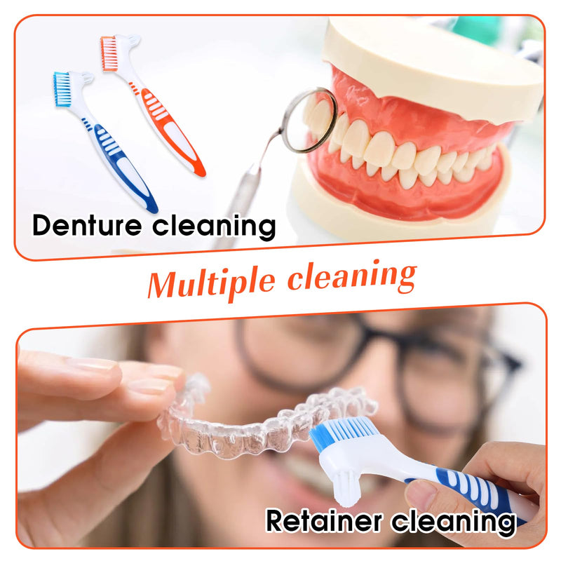 [Australia] - 2Pcs Denture Toothbrushes, Denture Cleaning Brush Set, Denture Cleaning Care Brush with White Carrying Case, Multi-Layered Bristles & Ergonomic Rubber Handle for Denture Clean Care 