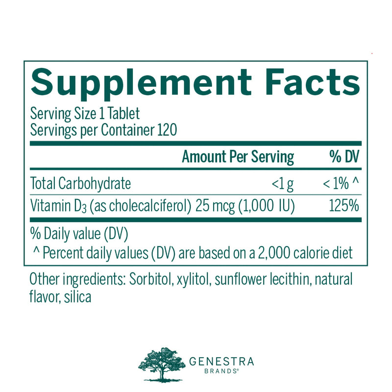 Genestra Brands D3 1000 Chewable, Blackcurrant Flavor, 120 Chewable Tablets | Vitamin D Supplement, Helps in the Development and Maintenance of Bones and Teeth*