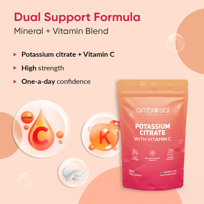 Ambrosial Potassium Citrate 1380 mg with Vitamin C 80 mg – High Strength Potassium Supplements for Women & Men – Vegan, Gluten-Free, GMP-Certified, 120 Tablets (2 Months)
