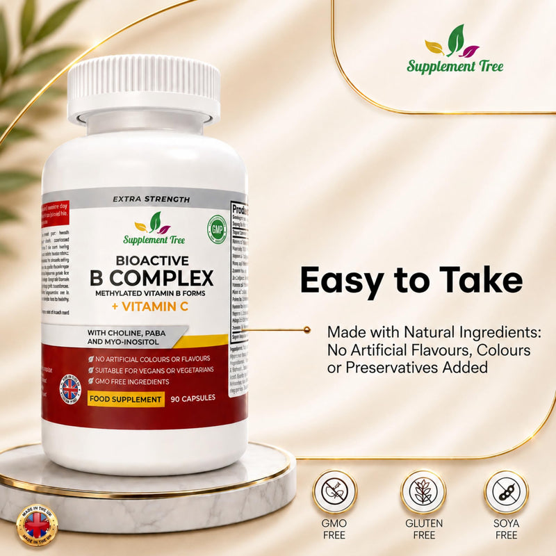 Bioactive B Complex with Vitamin C – Methylated B12, Folate (5-MTHF), B6 P5P, PABA, Choline, Inositol – High Strength, 90 Vegan Capsules – Non-GMO