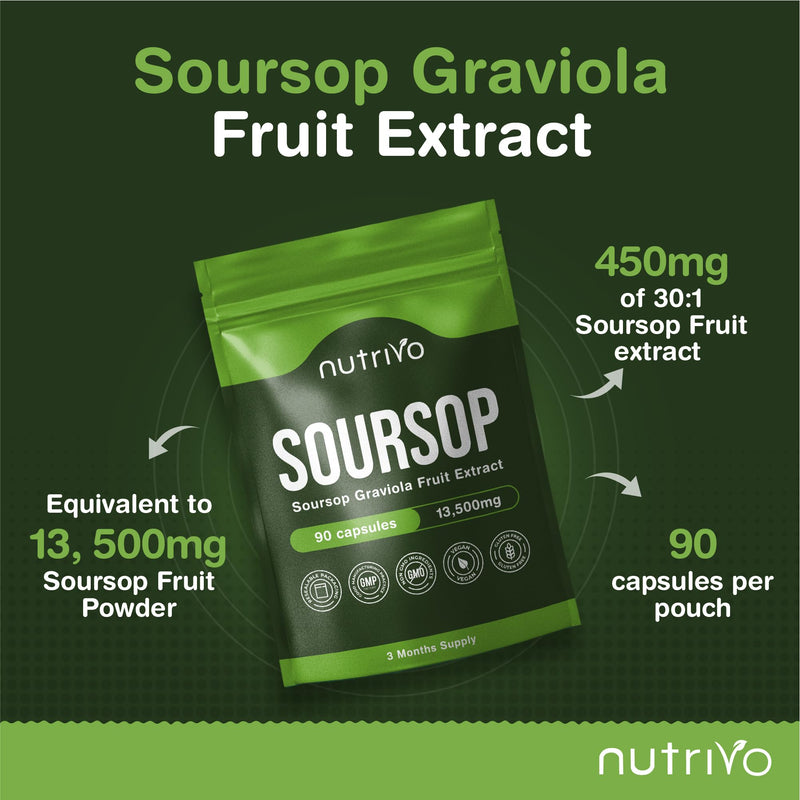 Soursop Graviola Capsules | 13,500mg Per Capsule | 90 Capsules Per Pouch - 3 Months Supply | One A Day | High Strength Soursop Supplement | Vegan & UK Made