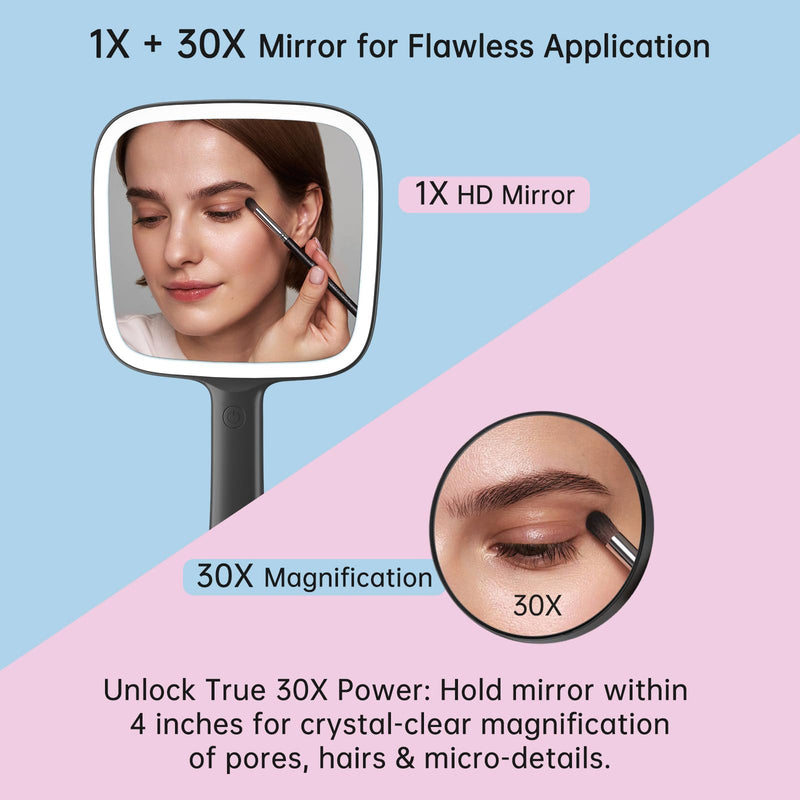 Famihomii Hand Mirror with 30X Magnifying Detachable Mirror, Lighted Handheld Mirror, Lightweight & Durable, Portable & Hangable for Makeup, Hair Styling, Shaving, Battery Operated Black+30x