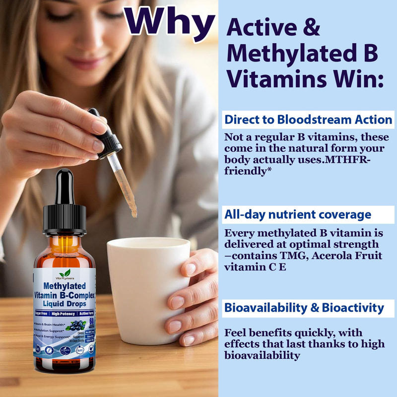 Methylated B Complex Liquid Drop Complete 9-in-1 Methyl B Vitamins w. B12 Methylfolate Inositol Choline TMG Vitamin C E, Super B-Complex Methylated for MTHFR Support, Energy Mood Nerve & Brain Health