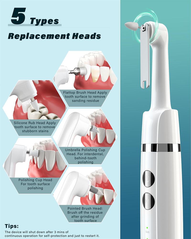 [Australia] - Tooth Polisher, Rechargeable Tooth Whitening Kit for Teeth Cleaning and Whitening, with 3 Tooth Polish Paste and 5 Brush Heads, LED Light, Easy to Use at-Home Personal Dental Care Kit White 