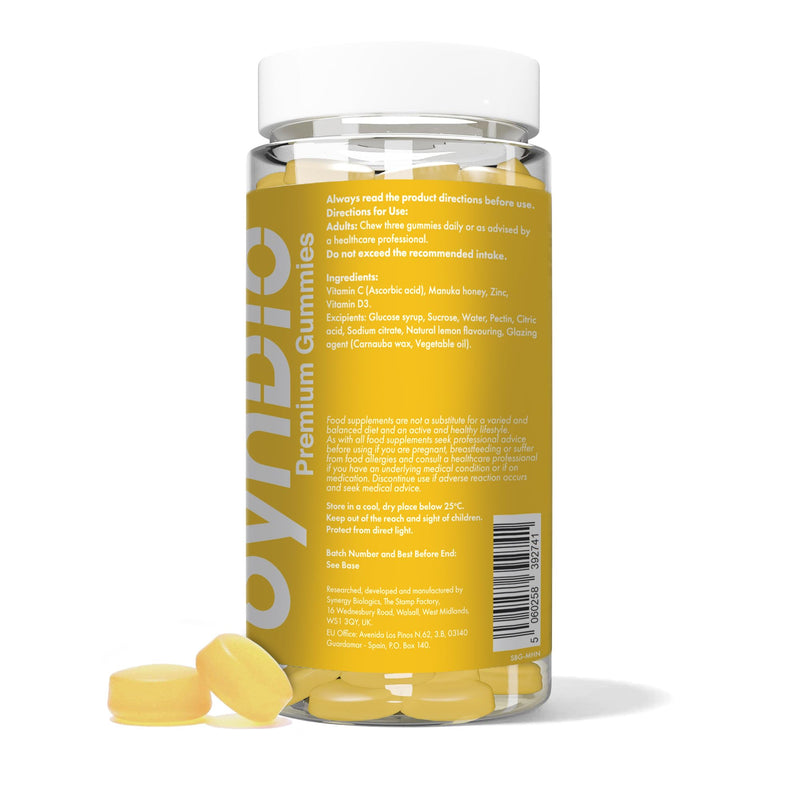 Manuka Honey Gummies | with Vitamin C, D & Zinc – Immune Support & Soothing Formula | Gelatin Free, Vegetarian, Halal & Kosher | 60 Lemon Flavour Gummies