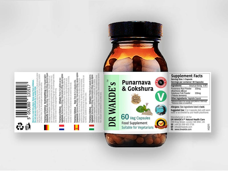 DR WAKDE'S Punarnava & Gokshura Capsules (60 Veg Caps, Promotes Healthy Urinary Flush, Ayurvedic Supplement, Vegan, Herbal, All Natural, Made in UK)