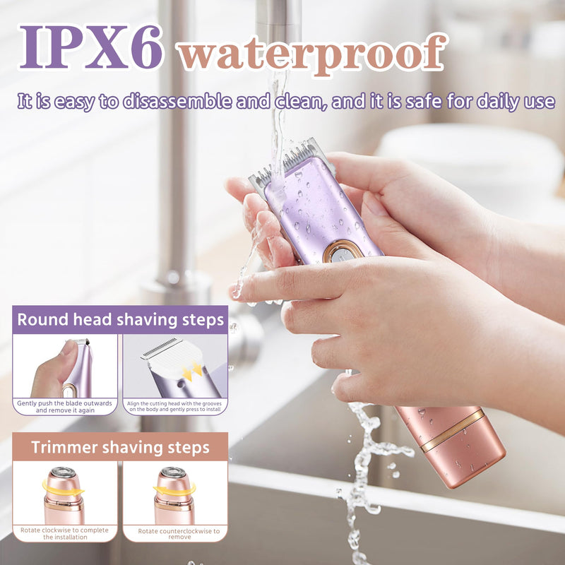 WNJ 2 in 1 Women Electric Shaver - Dual Head Bikini Trimmer - IPX7 Waterproof - Wet & Dry Use - Body Hair Trimmer and Facial Hair Remover for Bikini, Underarm Leg, Private Area, Arm, Body, Face Double Head-Pink