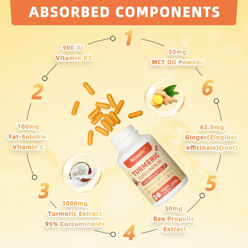 Turmeric Curcumin Supplement with MCT Oil 50mg,120 Capsules 1000mg Turmeric Extract 95% Curcuminoids,Fat Soluble Vitamin C,Bee Propolis,Ginger,Vitamin D3,Zine,Non-GMO,Gluten Free (1) 1