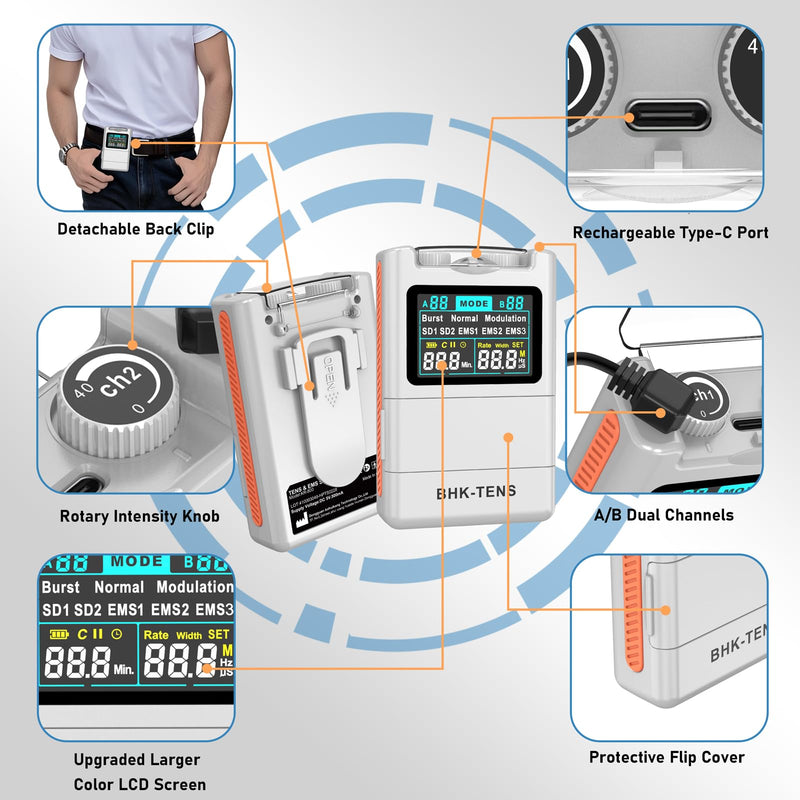 Digital TENS Unit with 8 Electrodes Pads, EMS TENS Unit Muscle Stimulator for Back Pain Relief, Upgraded Color LCD TENS Machine, Rechargeable Tens Massager for Neck Pain Relief, Sciatica Pain Relief