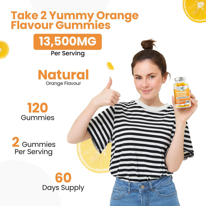 Turmeric and Ginger Gummies High Strength –13,500mg | Joint, Immune & Digestive Support | Vegan, Gluten-Free, Non-GMO, Lactose-Free 120 Chewable Gummies | Natural Orange Flavour by NATURES ZEST 120 count (Pack of 1)