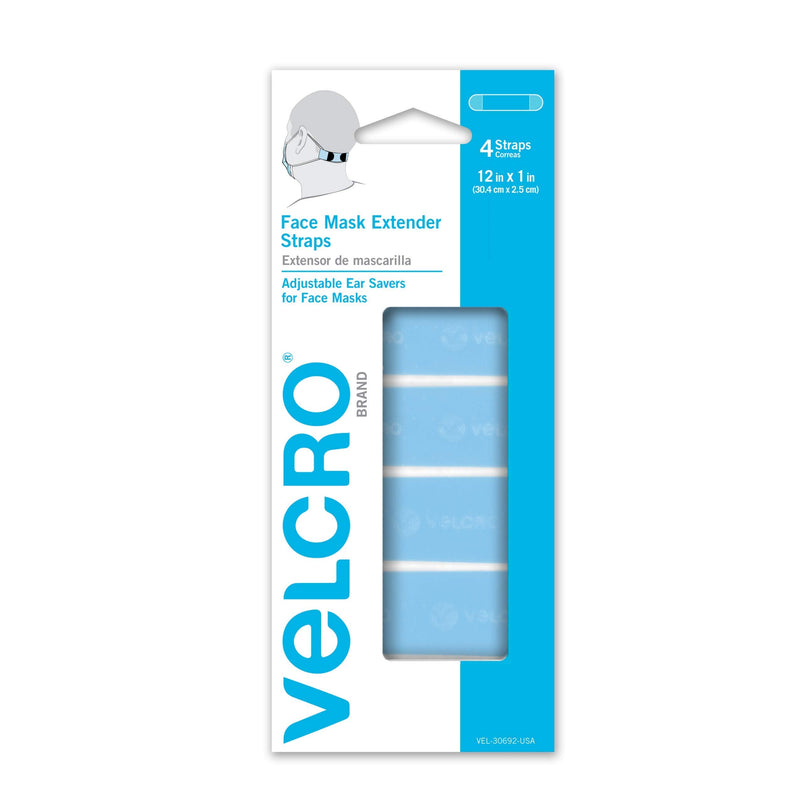 [Australia] - VELCRO Brand Face Mask Extender Straps 4pk Light Blue, 12” x 1” Comfortable and Adjustable Ear Savers, VEL-30692-USA 