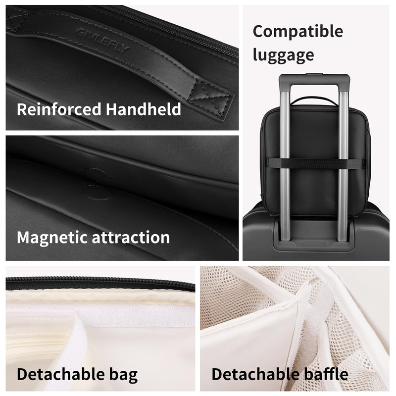 GIVLEFLY Standing Makeup Bag for Women, Large Travel Cosmetic Organizer | Standing travel makeup bag with divided storage, brush compartment, wide opening and water-resistant microfiber leather. Black
