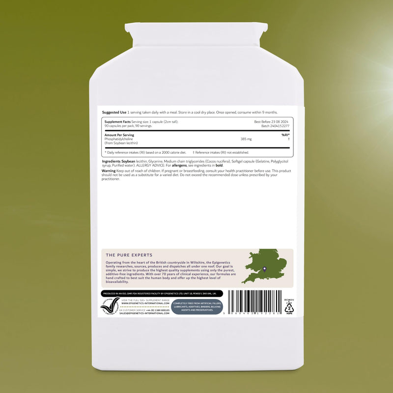 Phosphatidylcholine | 385mg Phosphatidylcholine (Soybean Lecithin) | Cell Health & Brain Function | 90 Capsules UK Made | 1 Capsule Daily (3 Month Supply)