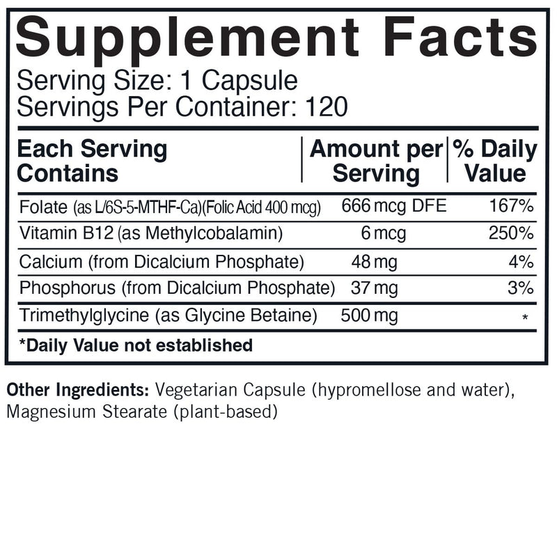 TMG (Trimethylglycine) 500 mg w/Folinic Acid & B12 Capsules - Hypo 120 capsules