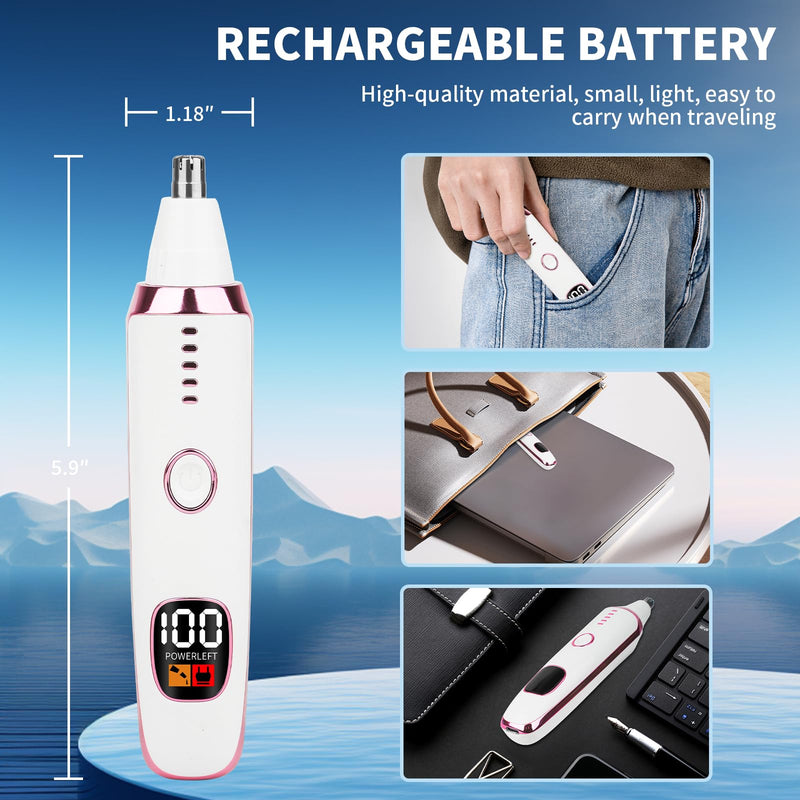 [Australia] - 2025 Rechargeable Nose and Ear Hair Trimmer with LED Dispaly for Women Men,4 in 1 Painless Eyebrow & Facial Hair Trimmer with Powerful Motor,Ladies Wet & Dry Electric Razor (White) White 
