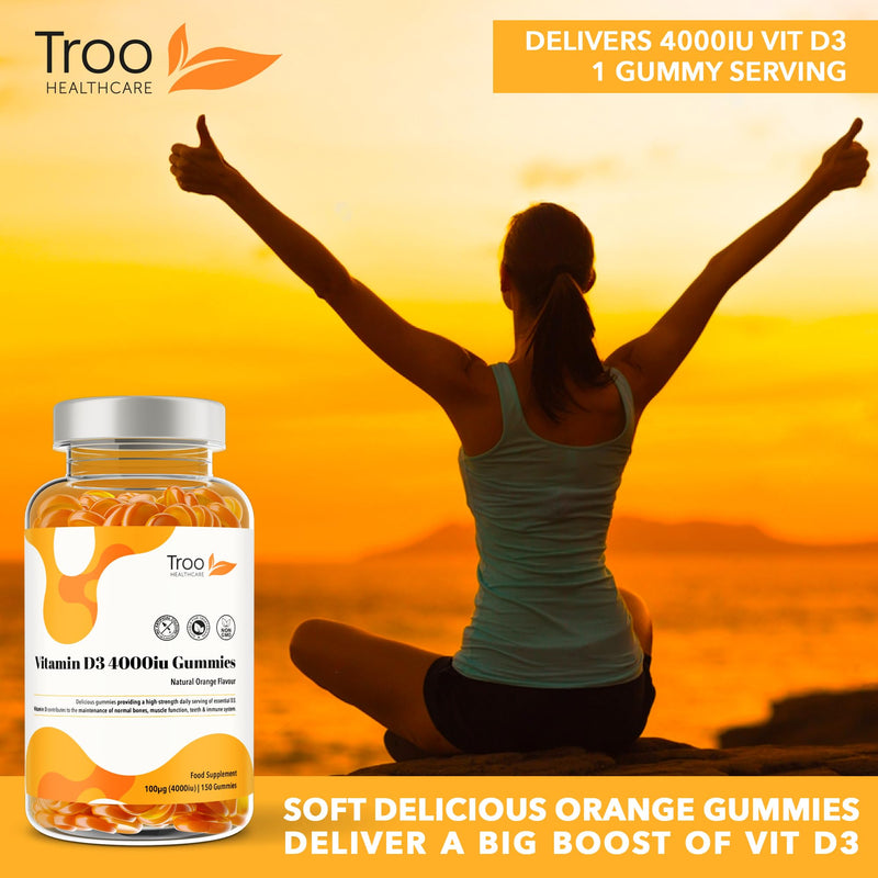 Troo Health Care Vitamin D3 4000iu - 150 Natural Orange Flavour Chewable Gummies - Five Months Supply - Non GMO Tasty Gummy Supplement to Support Immune Function and Help Maintain Bones and Teeth 150 count (Pack of 1)