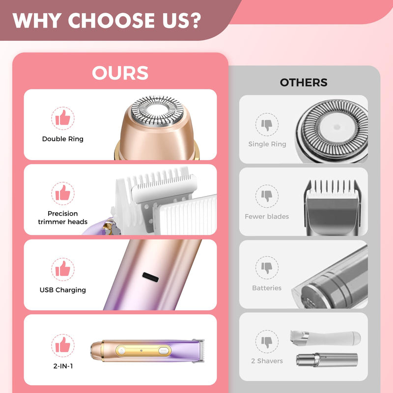 [Australia] - 2 in 1 Bikini Trimmer for Women, Dual Head Electric Razor, IPX7 Waterproof Wet/Dry Use Women Electric Shaver, Painless Body Facial Hair Remover for Bikini Legs Arm Underarm, (Lavender) Lavender 