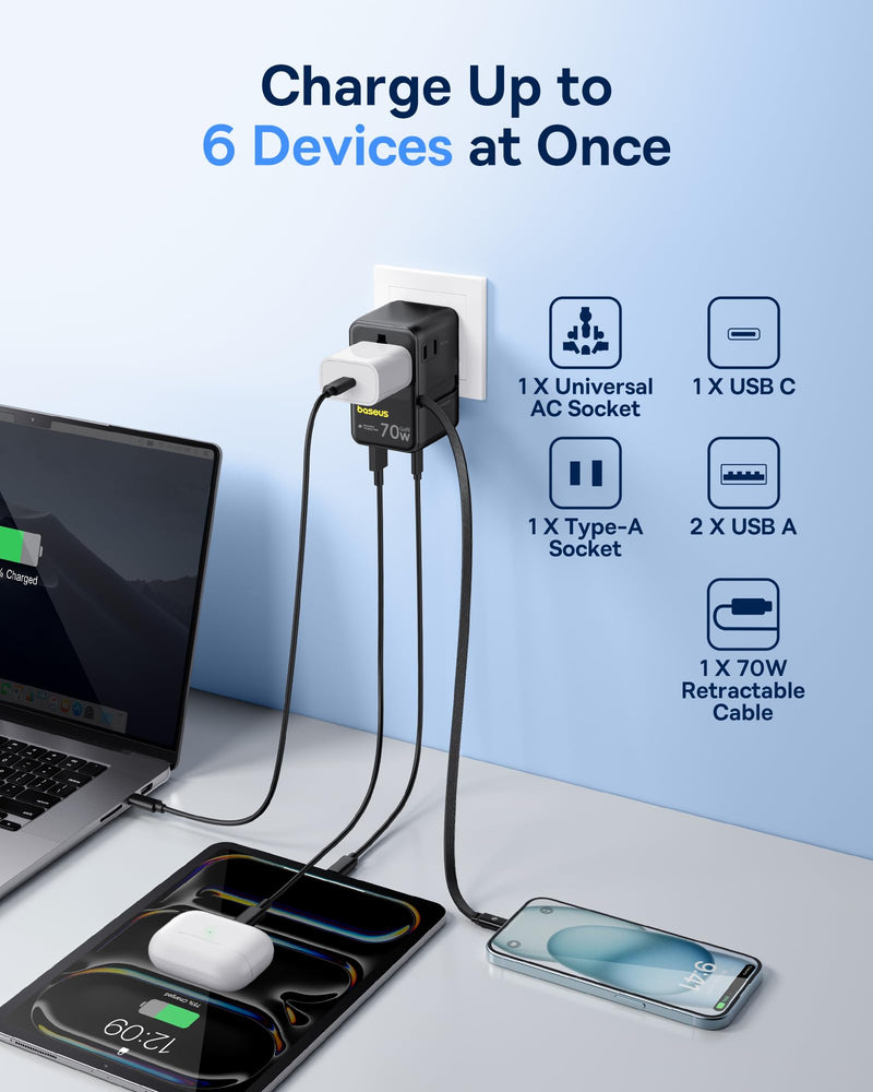 Baseus 70W Universal Travel Adapter, 6-in-1 International Plug Adapter | Worldwide Wall Charger with Retractable Cable, USB-C Fast Charging for USA/EU/UK/AUS and Over 200 Countries - Enercore CG11 Black