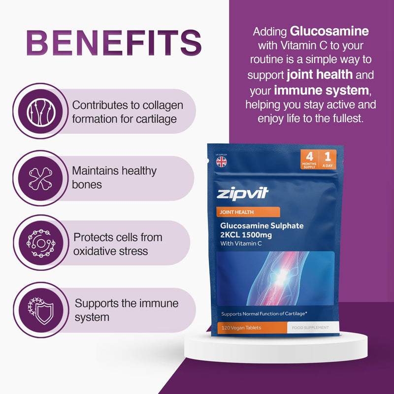 Zipvit Glucosamine Sulphate 2KCl 1500mg with Vitamin C, High Strength Joint Supplement, Supports Cartilage, Joints and Bones, Shellfish Free, 120 Vegan Tablets, 4 Month Supply, Eco Friendly Pouch