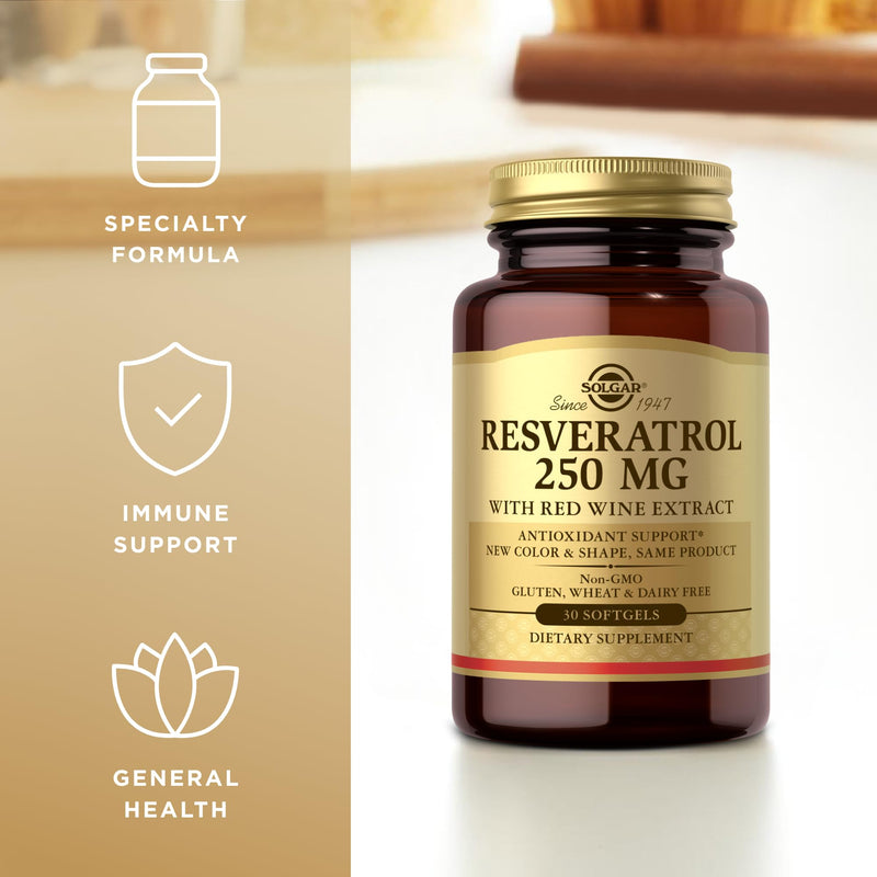 Solgar Resveratrol 250 mg with Red Wine Extract - 30 Softgels - Antioxidant Support - Non-GMO, Gluten Free, Dairy Free - 30 Servings | Supports Cardiovascular Health, Sourced from Premium Japanese Knotweed - Daily Food Supplement - Vegan Formula