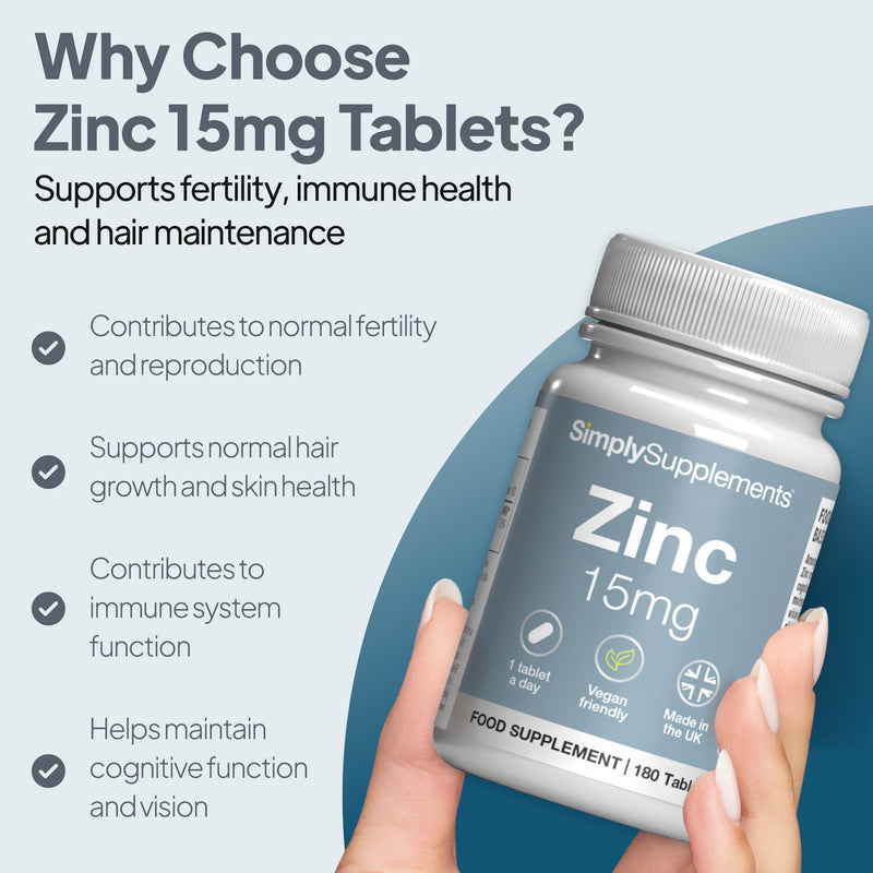 Zinc 15mg Tablets | Contributes to Normal Fertility, Hair, and Immune System Function | Potent One-a-Day Formula | 360 Tablets = 12 Months' Supply | Manufactured in The UK to GMP Standards Unflavoured 180 count (Pack of 2)