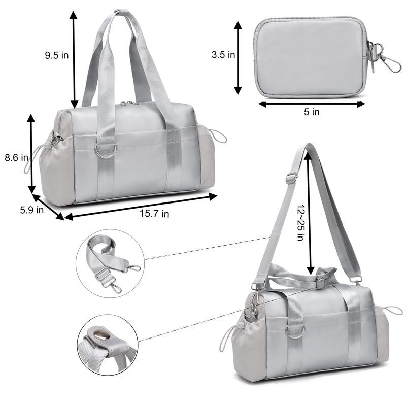 Everyday Mini Gym Bag for Women 2.0, Small Tote with Zipper Compartment Waterproof Travel Duffle Cute Handbag Workout Carry On with Removeable Shoulder Strap & Coin Wallet Easy to Clean-Silver Silver